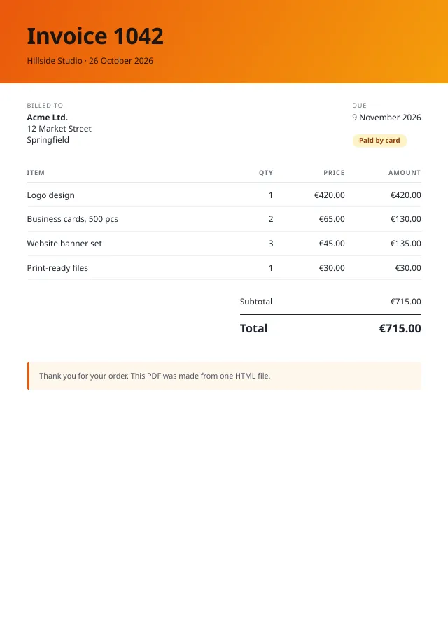 The first page of out.pdf: an invoice with an orange header, four items and a total of €715.